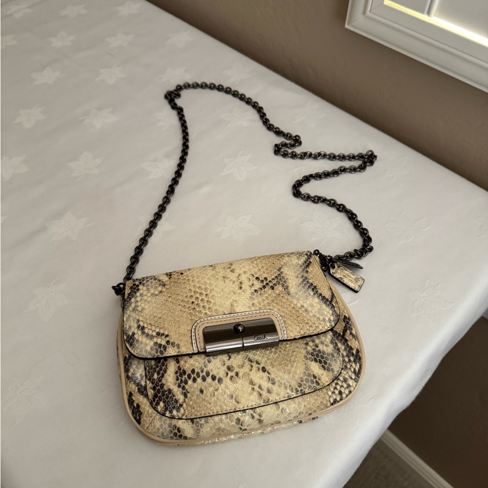 Coach Kristin Python Embossed Crossbody Bag with a detachable chain strap.